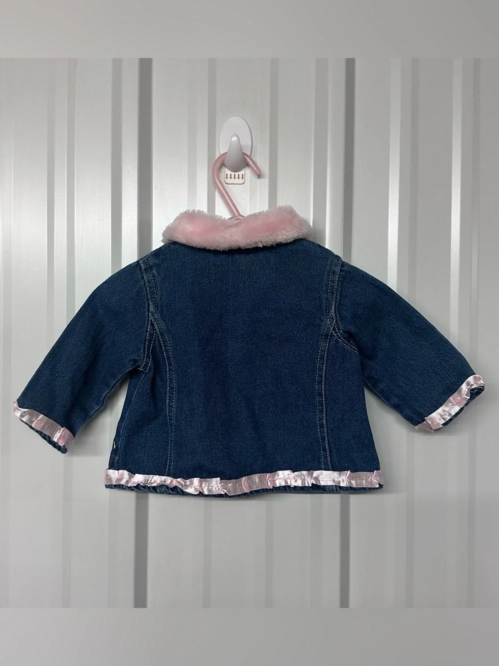 Vintage Infant Girls Pink Faux Fur Collar Denim Jacket Jean Coat Cute Retro